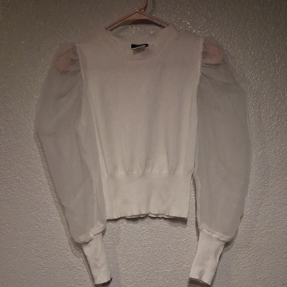 Sheer Puff Sleeve White Blouse - Women's
